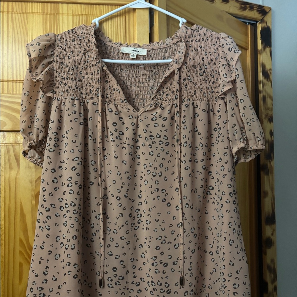 Entro Blush Leopard Print Smocked Blouse